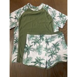 Kids Olive Green Palm Tree Rash Guard and Swim Shorts Set Size 11T Tropical